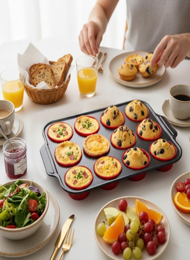 KH866 Silicone Muffin Pan with Metal Frame Nonstick 12 Cup Regular Size Cupcake Tin Bakeware Easy to Pop Egg Bite Molds Oven and Dishwasher Safe Pan Maker Tins Red Cups Non Toxic Baking Cup - Image 4