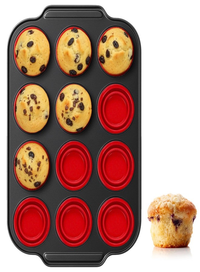 KH866 Silicone Muffin Pan with Metal Frame Nonstick 12 Cup Regular Size Cupcake Tin Bakeware Easy to Pop Egg Bite Molds Oven and Dishwasher Safe Pan Maker Tins Red Cups Non Toxic Baking Cup - Image 1