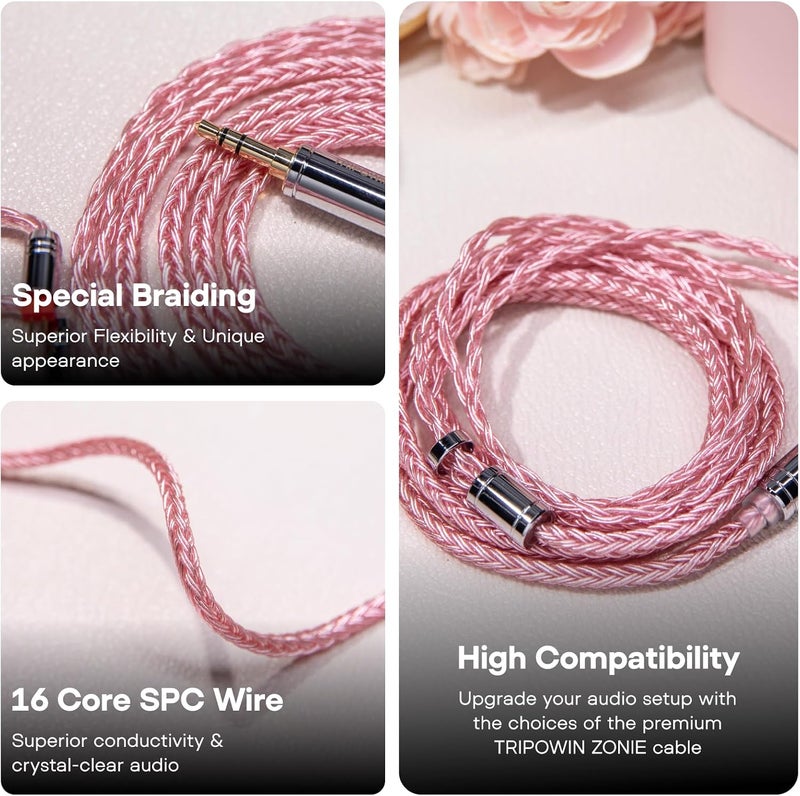 Linsoul Tripowin Zonie IEM Cable - 16 Core Silver Plated Earphone Upgraded Cord, 1.25m SPC for 7hz Zero:2, Orchestra Lite, Cadenza, Hype4, Supermix4 (2pin 0.78mm, 3.5mm, Pink) - Image 3