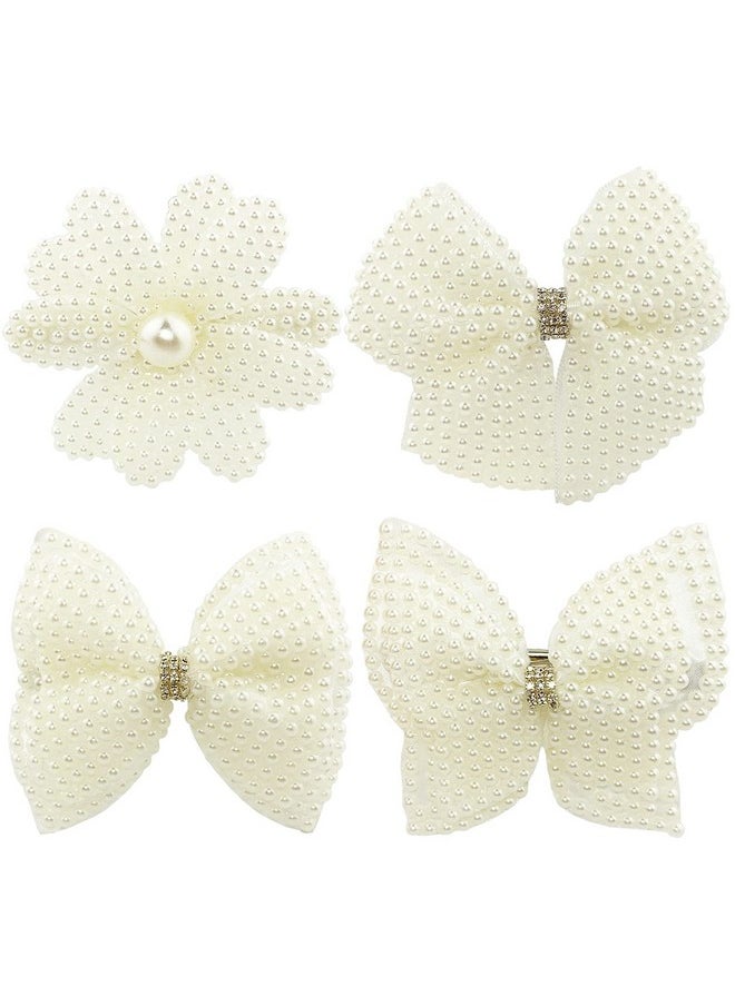 BETITETO Pearls White Hair Bows For Girls 4 Pieces Elegant Flower Rhinestone Alligator Hair Clips Beads Hairgrip For Women Teens  - Image 1