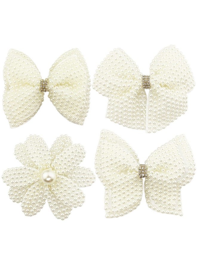 BETITETO Pearls White Hair Bows For Girls 4 Pieces Elegant Flower Rhinestone Alligator Hair Clips Beads Hairgrip For Women Teens  - Image 4