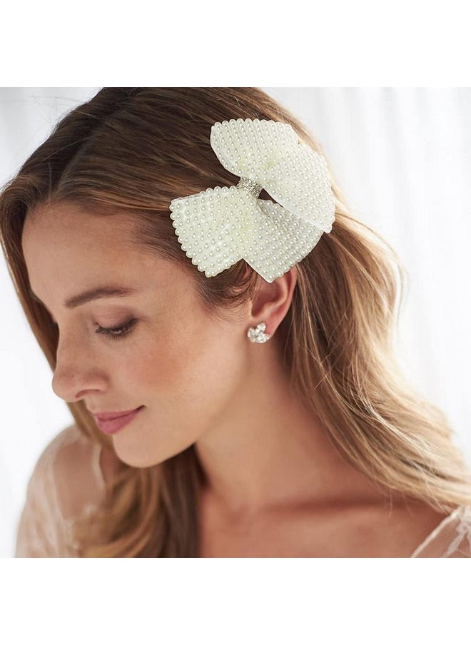 BETITETO Pearls White Hair Bows For Girls 4 Pieces Elegant Flower Rhinestone Alligator Hair Clips Beads Hairgrip For Women Teens  - Image 3