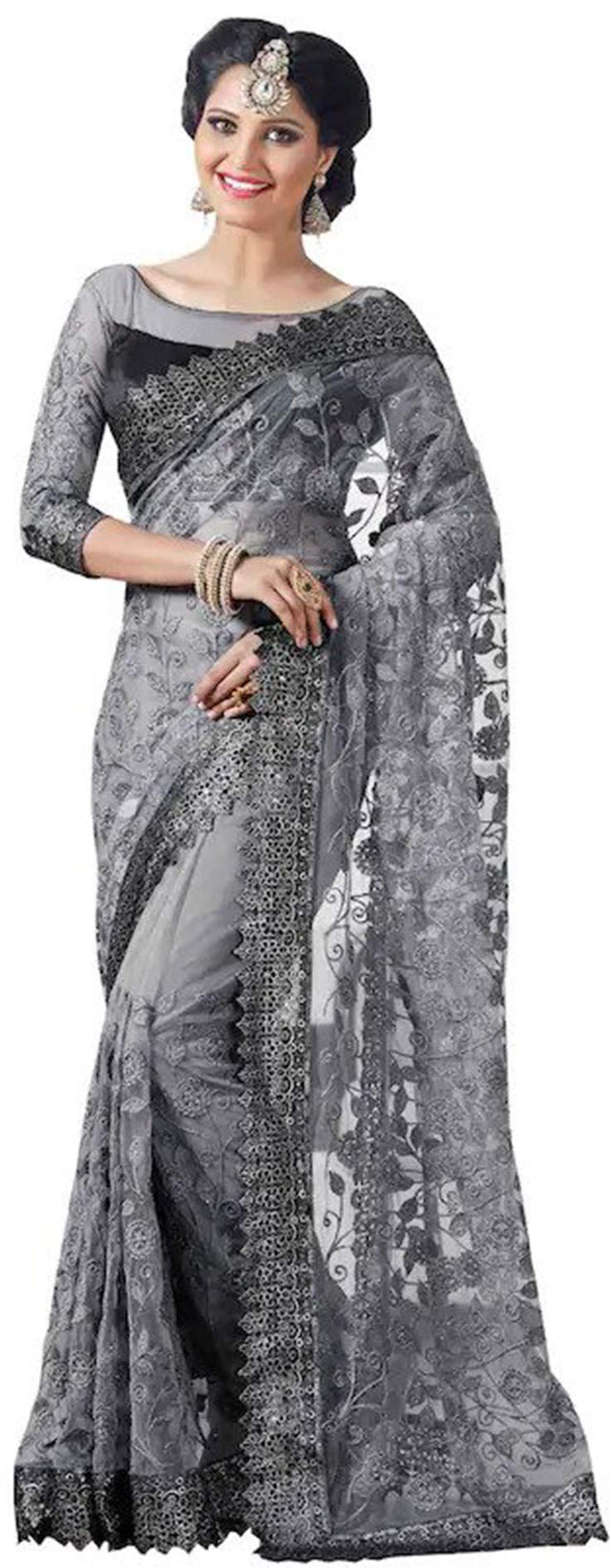 Jaffix Sarees for women - Women’s Trendy Embroidery Work in Lace Georgette Saree for Wedding Perfect for Festive and Special Occasions with Unstitched Blouse Piece (Parvati grey) - Image 1