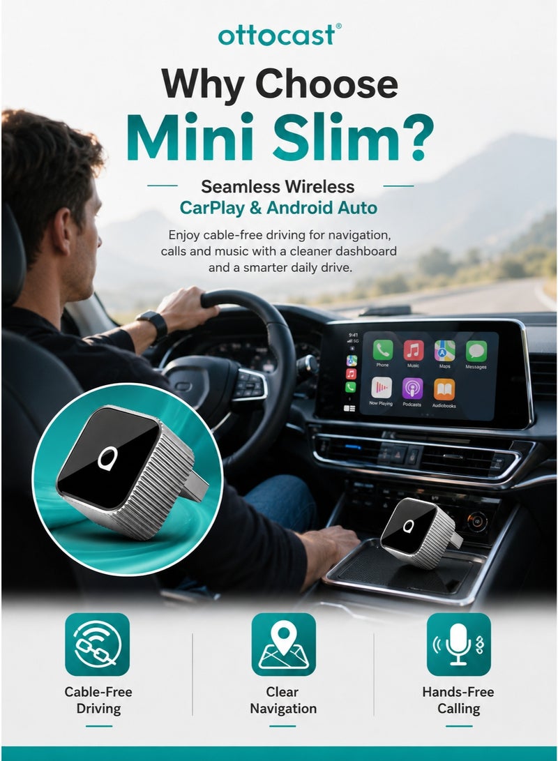 أوتوكاست محول Ottocast Mini Slim اللاسلكي لـ CarPlay و Android Auto للسيارات المتوافقة مع النظام السلكي، دونجل USB سهل التشغيل، Wi-Fi 5GHz، اتصال تلقائي، أسود - Image 3