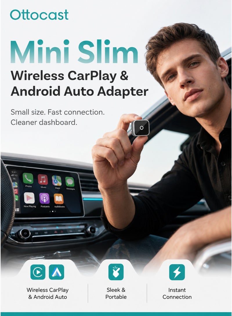 أوتوكاست محول Ottocast Mini Slim اللاسلكي لـ CarPlay و Android Auto للسيارات المتوافقة مع النظام السلكي، دونجل USB سهل التشغيل، Wi-Fi 5GHz، اتصال تلقائي، أسود - Image 2