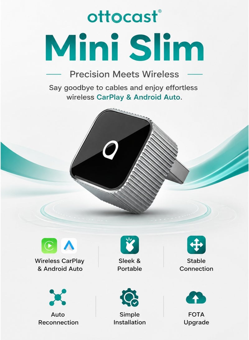 أوتوكاست محول Ottocast Mini Slim اللاسلكي لـ CarPlay و Android Auto للسيارات المتوافقة مع النظام السلكي، دونجل USB سهل التشغيل، Wi-Fi 5GHz، اتصال تلقائي، أسود - Image 1