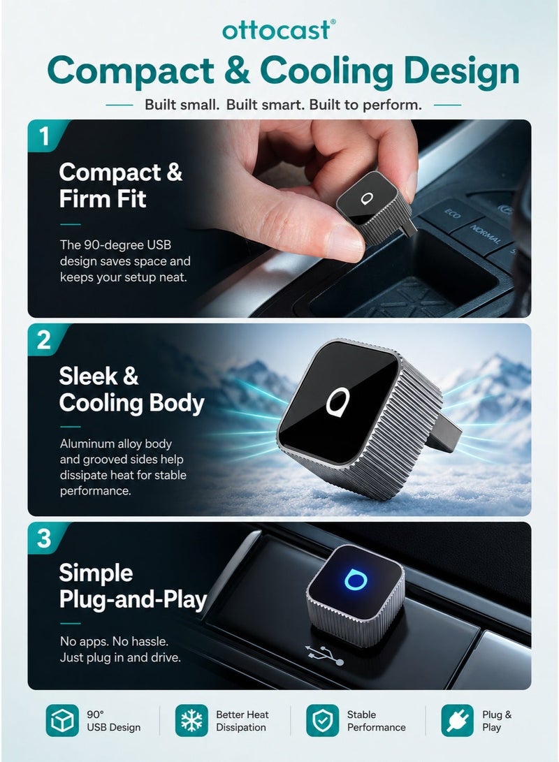 أوتوكاست محول Ottocast Mini Slim اللاسلكي لـ CarPlay و Android Auto للسيارات المتوافقة مع النظام السلكي، دونجل USB سهل التشغيل، Wi-Fi 5GHz، اتصال تلقائي، أسود - Image 4