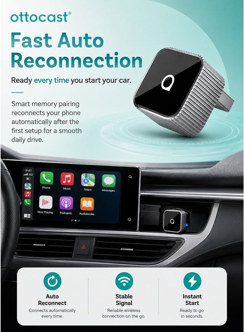 أوتوكاست محول Ottocast Mini Slim اللاسلكي لـ CarPlay و Android Auto للسيارات المتوافقة مع النظام السلكي، دونجل USB سهل التشغيل، Wi-Fi 5GHz، اتصال تلقائي، أسود - Image 5