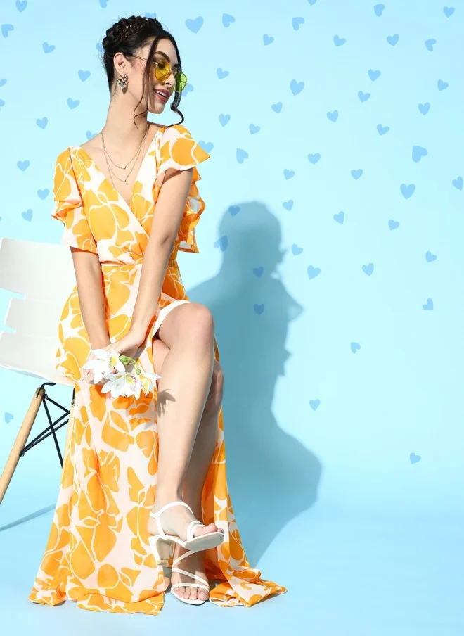 SASSAFRAS Floral Ruffled Wrap Dress for Women
