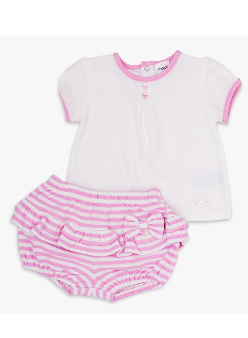 Moon بلوزة وسروال قصير من MOON مصنوعان من القطن بنسبة 100%، مقاس 6-9 أشهر، وردي - مخطط باللون الوردي - Image 1