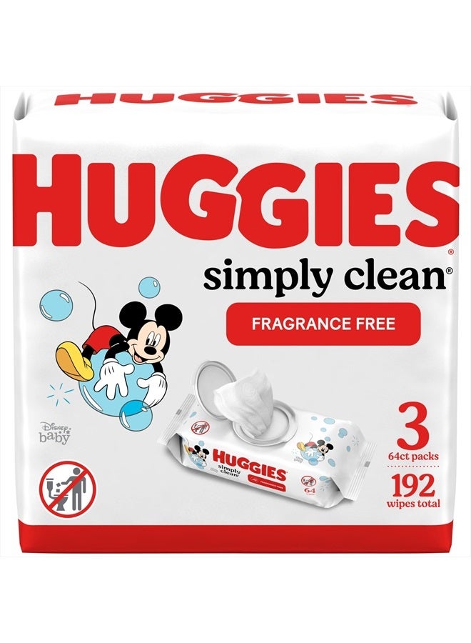HUGGIES Huggies Simply Clean Fragrance-Free Baby Wipes, Unscented Diaper Wipes, 3 Flip-Top Packs (192 Wipes Total) - Image 1