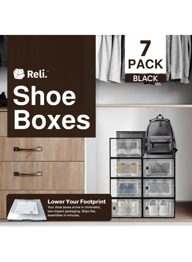 Reli. Shoe Boxes (7 Pack) | Clear Shoe Storage Boxes Stackable | Plastic Storage Box with Ventilation Holes, Swing Door | Lightweight Interlocking Containers, Stackable Rack | Black - Image 2