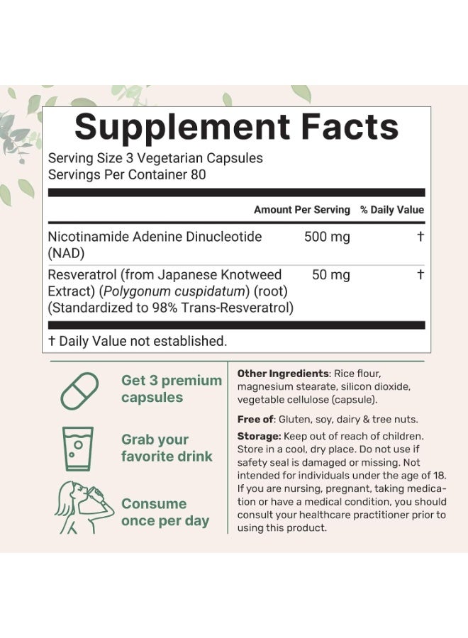 microingredients NAD+ 500mg with Resveratrol, 240 Veggie Capsules - Image 2