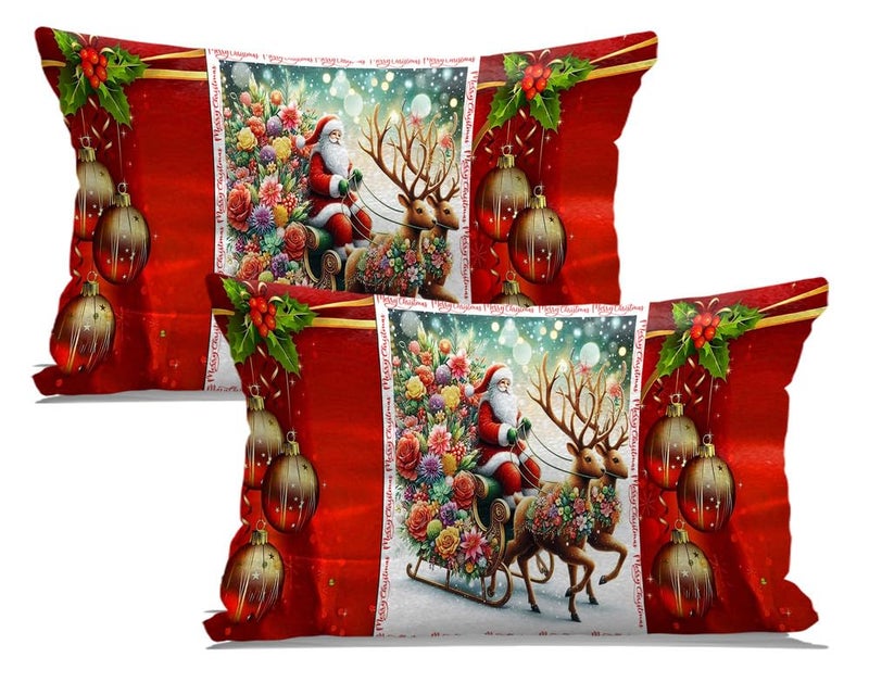 Dreamvio Velvet Fabric Christmas X-mas Theme Printed Bed Sheet Set with 2 Pillow Covers for Gifting (Red White) Design 102 - Image 3