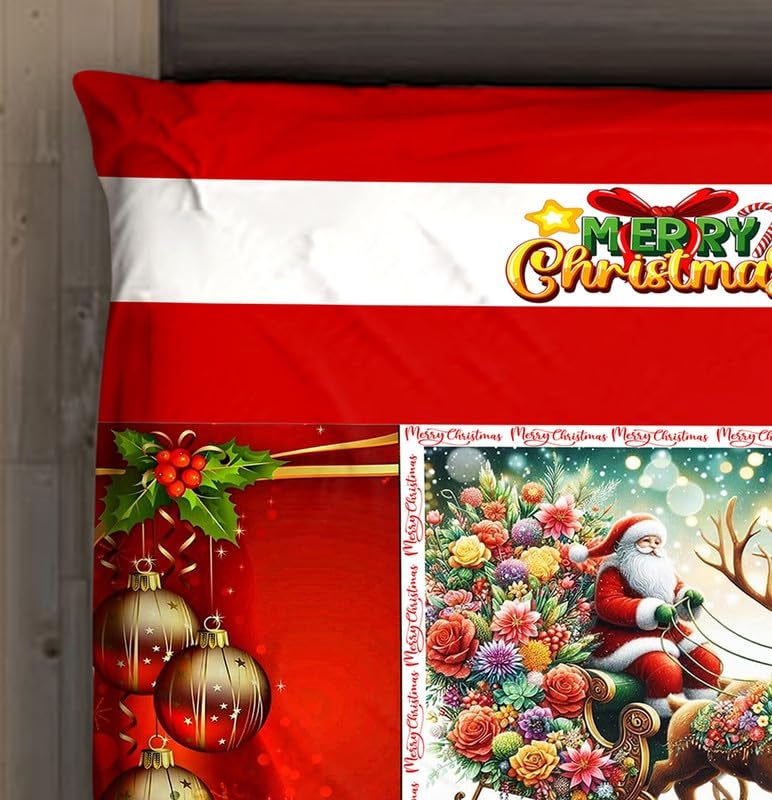 Dreamvio Velvet Fabric Christmas X-mas Theme Printed Bed Sheet Set with 2 Pillow Covers for Gifting (Red White) Design 102 - Image 4