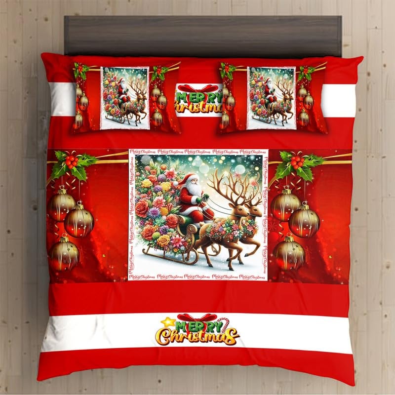 Dreamvio Velvet Fabric Christmas X-mas Theme Printed Bed Sheet Set with 2 Pillow Covers for Gifting (Red White) Design 102 - Image 1