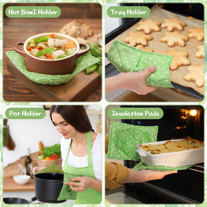 Cunhill 4 Pcs Cotton Microwave Bowl Cozy Holders for Hot Food Hot Pads Soup Bowl Potholders Heat Resistant Multipurpose Quilted Safe Holders for Kitchen Plate Supply(Pale Green,Dot) - Image 4