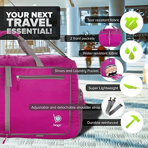 Bago Large Foldable Duffel Bags for Traveling Women & Men - 80L Packable Duffle Bag for Travel with Shoe Compartment - Water Repellant, Heavy Duty, Lightweight Folding & Collapsible (Pink) - Image 3