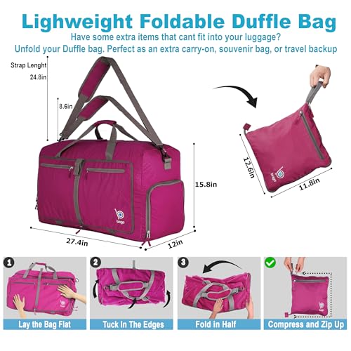 Bago Large Foldable Duffel Bags for Traveling Women & Men - 80L Packable Duffle Bag for Travel with Shoe Compartment - Water Repellant, Heavy Duty, Lightweight Folding & Collapsible (Pink) - Image 4