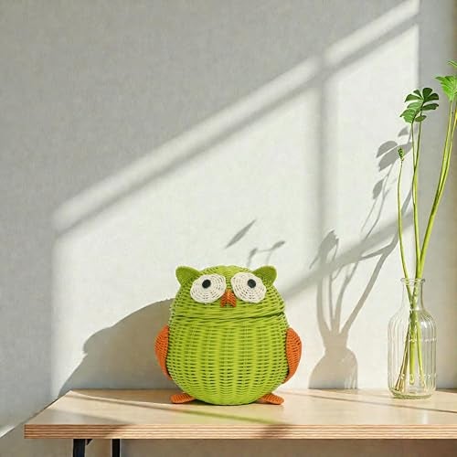 G6 COLLECTION Owl Rattan Storage Basket With Lid Decorative Bin Home Decor Hand Woven Shelf Organizer Cute Handmade Handcrafted Nursery Gift Animal Decoration Artwork Wicker Hoot Owl Green - Image 3