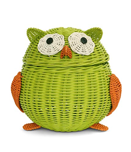 G6 COLLECTION Owl Rattan Storage Basket With Lid Decorative Bin Home Decor Hand Woven Shelf Organizer Cute Handmade Handcrafted Nursery Gift Animal Decoration Artwork Wicker Hoot Owl Green - Image 1