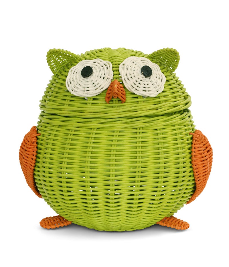 G6 COLLECTION Owl Rattan Storage Basket With Lid Decorative Bin Home Decor Hand Woven Shelf Organizer Cute Handmade Handcrafted Nursery Gift Animal Decoration Artwork Wicker Hoot Owl Green - Image 2