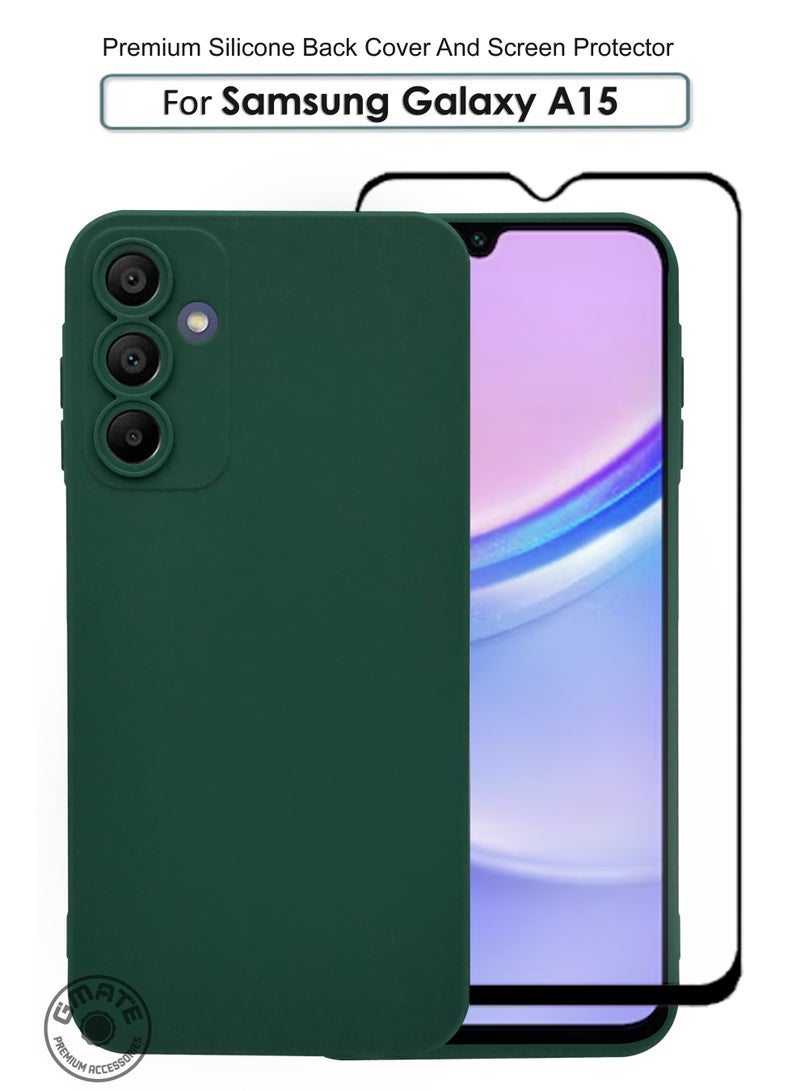 GMATE Samsung Galaxy A15 - Soft Flexible Silicone Protective Back Case Cover And Tempered Glass Screen Protector - Green - Image 1