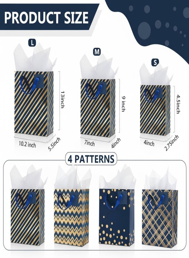 Tenare 12 Pcs Mulit Assorted Sizes Gift Bags for Father's Day Metallic Paper Bag Bulk Small Mini Medium with Handle Tissue Paper for Dad Grandpa Fathers Day 4th of July Graduation Wedding(Blue,Gold - Image 2