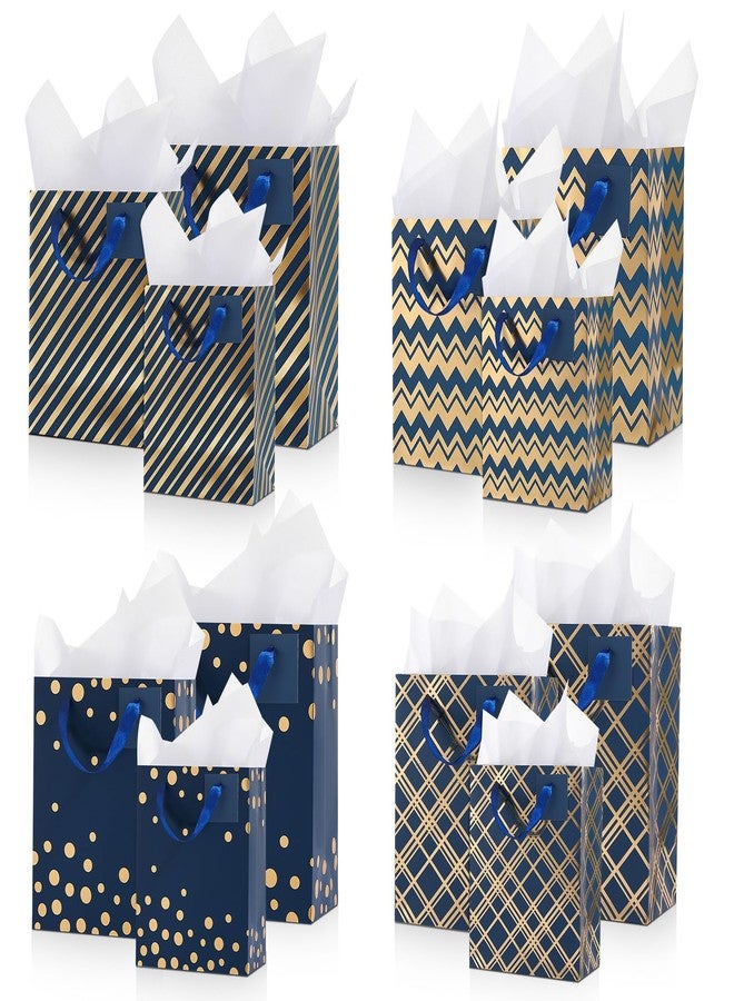 Tenare 12 Pcs Mulit Assorted Sizes Gift Bags for Father's Day Metallic Paper Bag Bulk Small Mini Medium with Handle Tissue Paper for Dad Grandpa Fathers Day 4th of July Graduation Wedding(Blue,Gold - Image 1