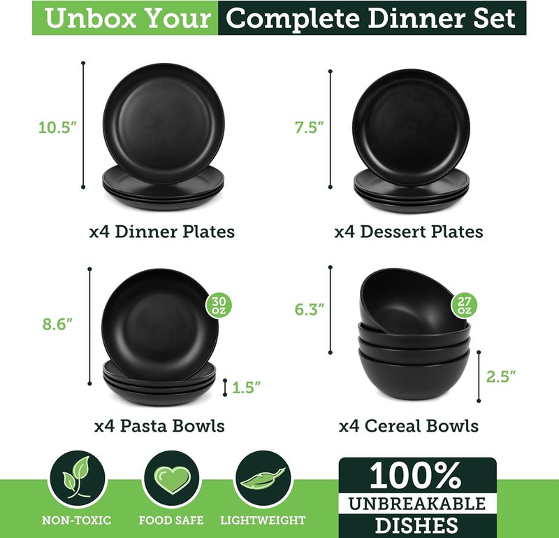Grow Forward 16-piece Premium Wheat Straw Dinnerware Sets for 4 - Dinner Plates, Dessert Plates, Pasta Bowls, Cereal Bowls - Microwave Safe Plastic Plates and Bowls Sets, RV, Camping Dishes - Midnight - Image 3
