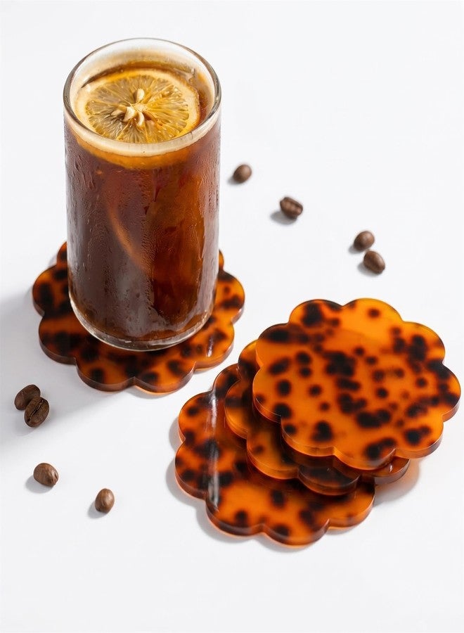 RimCereal 4 Pcs Scalloped Acrylic Drink Coaster Set Tortoiseshell Coasters for Drinks Waterproof Coaster with Silicone Anti-Slip Dots for Tabletop Coffee Table Bar Housewarming Office Gift - Image 1