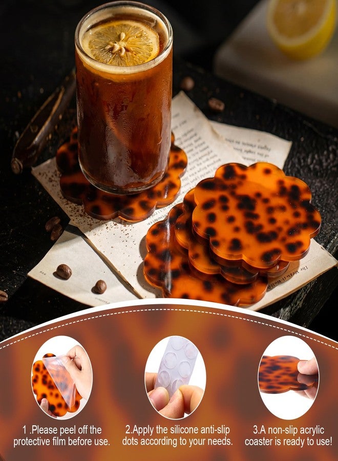 RimCereal 4 Pcs Scalloped Acrylic Drink Coaster Set Tortoiseshell Coasters for Drinks Waterproof Coaster with Silicone Anti-Slip Dots for Tabletop Coffee Table Bar Housewarming Office Gift - Image 3