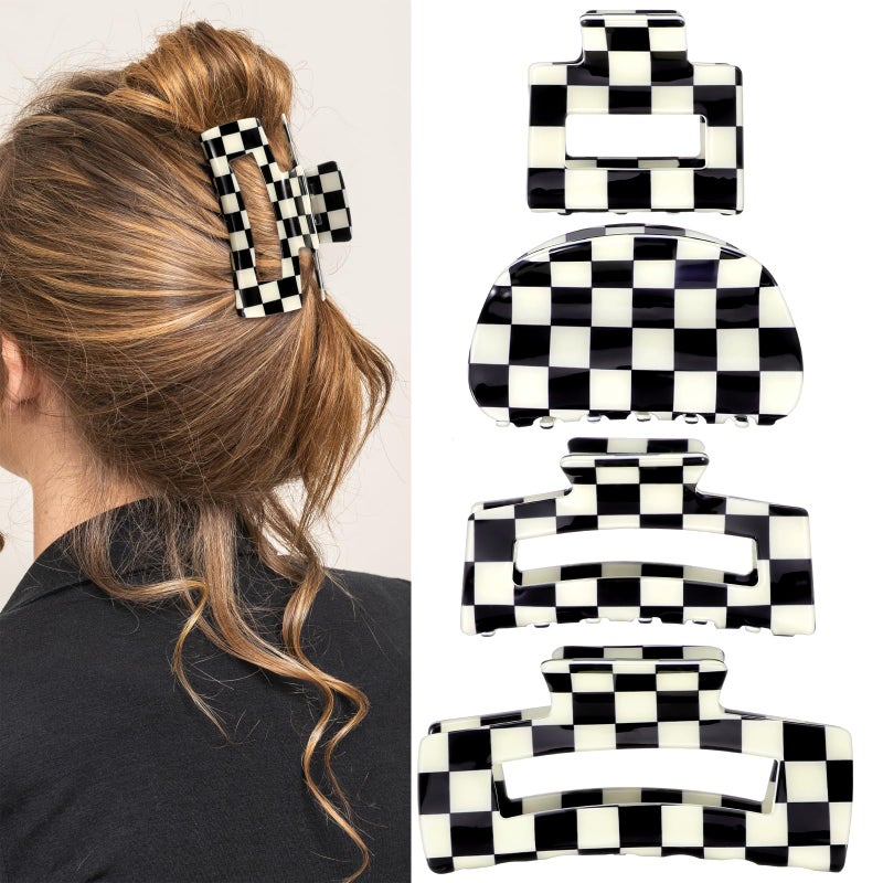 LLOUSSAK 4Pcs Checkered Hair Claw Clips, Non-Slip Hair Jaw Clips for Thick, Thin, Curly, Straight, Long Hair, Simple Style Black and White Square Claw Clips, Women's Hair Accessories - Image 1