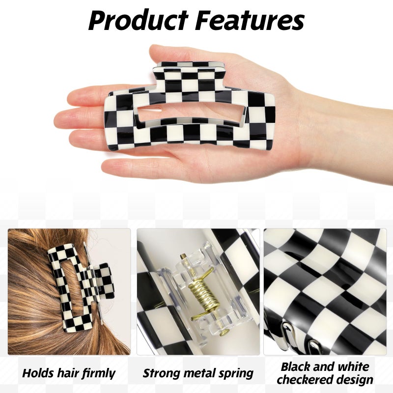 LLOUSSAK 4Pcs Checkered Hair Claw Clips, Non-Slip Hair Jaw Clips for Thick, Thin, Curly, Straight, Long Hair, Simple Style Black and White Square Claw Clips, Women's Hair Accessories - Image 3
