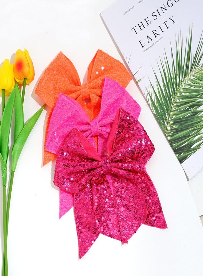 Jeffan 1 Pcs 8" Large Sequin Cheer Bows Clips, Cheerleading Glitter Hair Bow with Alligator Clips Hair Accessories for Cheerleaders Football Competition Sports (Bright Pink) - Image 4
