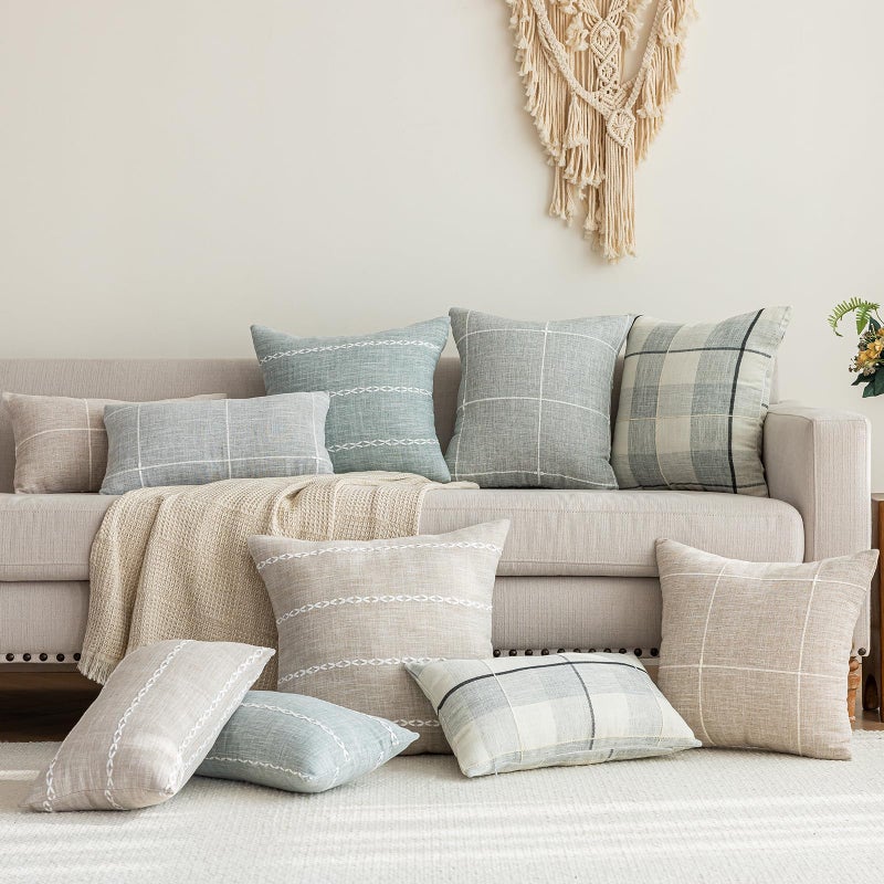 vctops Rustic Lattice Cotton Linen Decorative Throw Pillow Cover Embroidery Square Cushion Cover Pillowcase for Sofa Bedroom Couch (Plaid Coffee,24"x24") - Image 3
