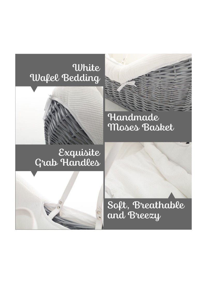 TEKNUM Infant Wicker Pod Moses Basket With White Waffle Beddings - Wooden Grey  - Image 2