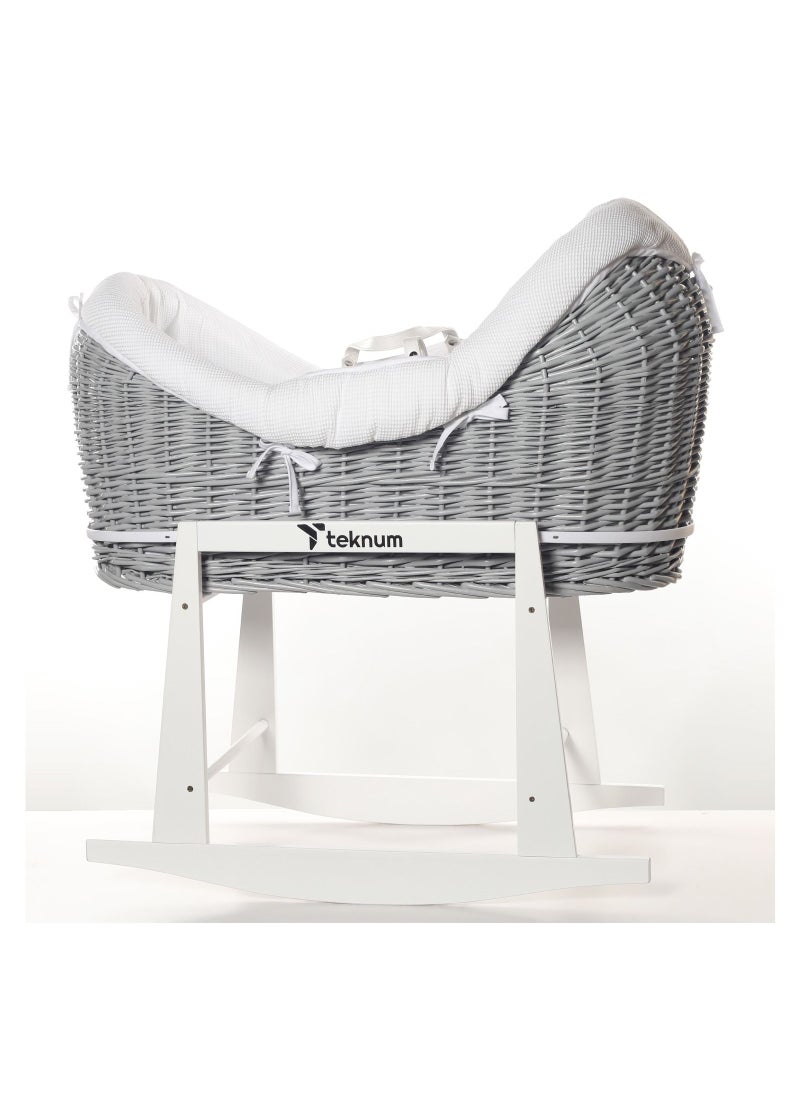 TEKNUM Infant Wicker Pod Moses Basket With White Waffle Beddings - Wooden Grey  - Image 5
