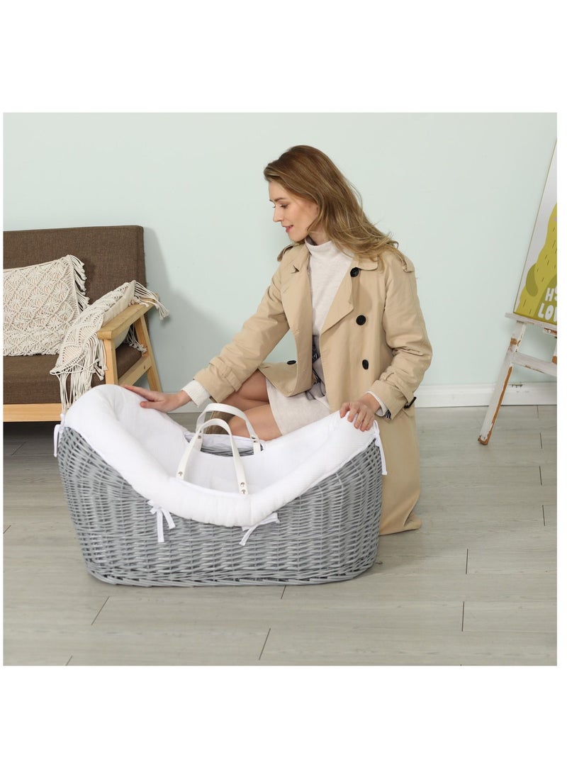 TEKNUM Infant Wicker Pod Moses Basket With White Waffle Beddings - Wooden Grey  - Image 3