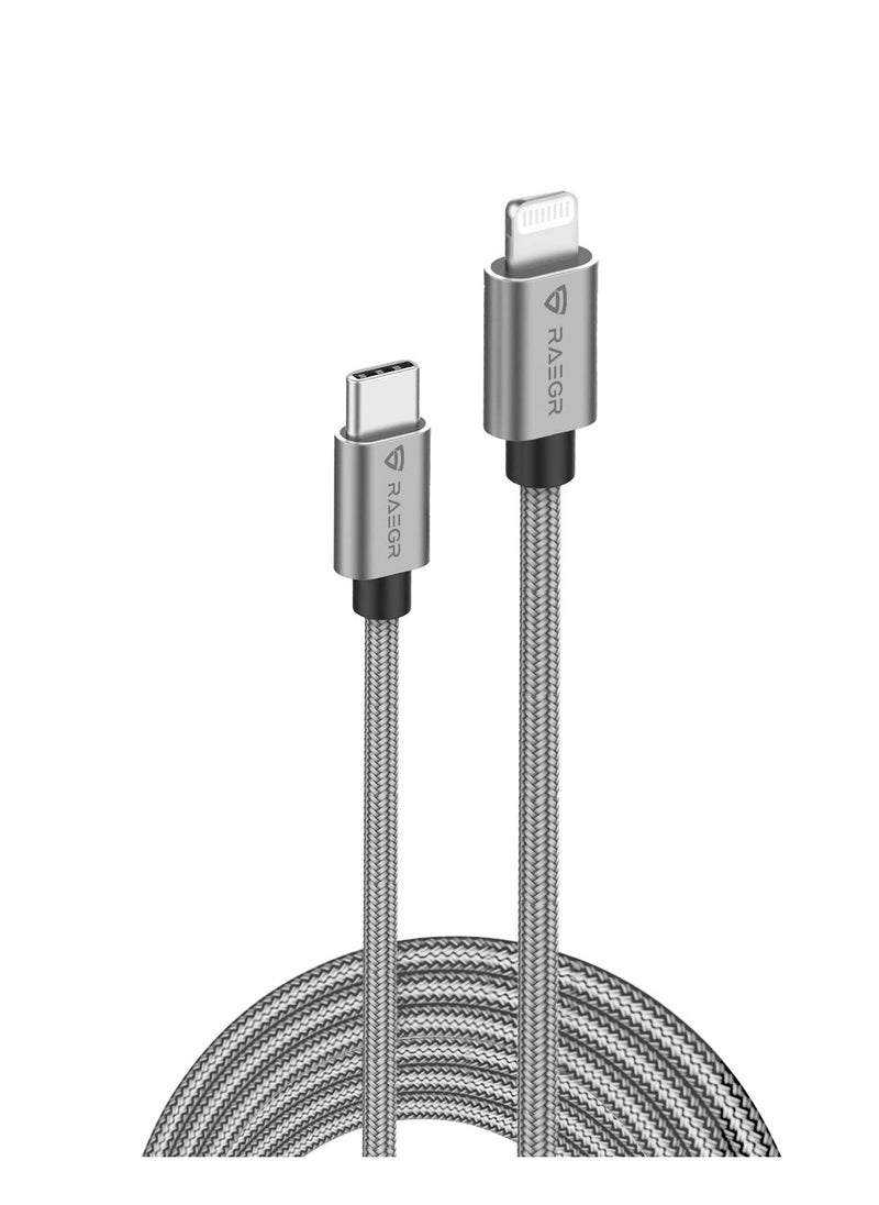 Raegr - RAEGR RapidLine 500LC USB-C to Lightning Cable, 6.5 ft (2 m), MFi-Certified, Fast Charging Cable for iPhone 16 Series / 15 Seies / 14 Series / 13 Series/SE 2022/11/XR, Braided Nylon-Metallic Grey - Image 1