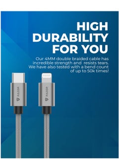 Raegr RAEGR RapidLine 500LC USB-C to Lightning Cable, 6.5 ft (2 m), MFi-Certified, Fast Charging Cable for iPhone 16 Series / 15 Seies / 14 Series / 13 Series/SE 2022/11/XR, Braided Nylon-Metallic Grey  - Image 2