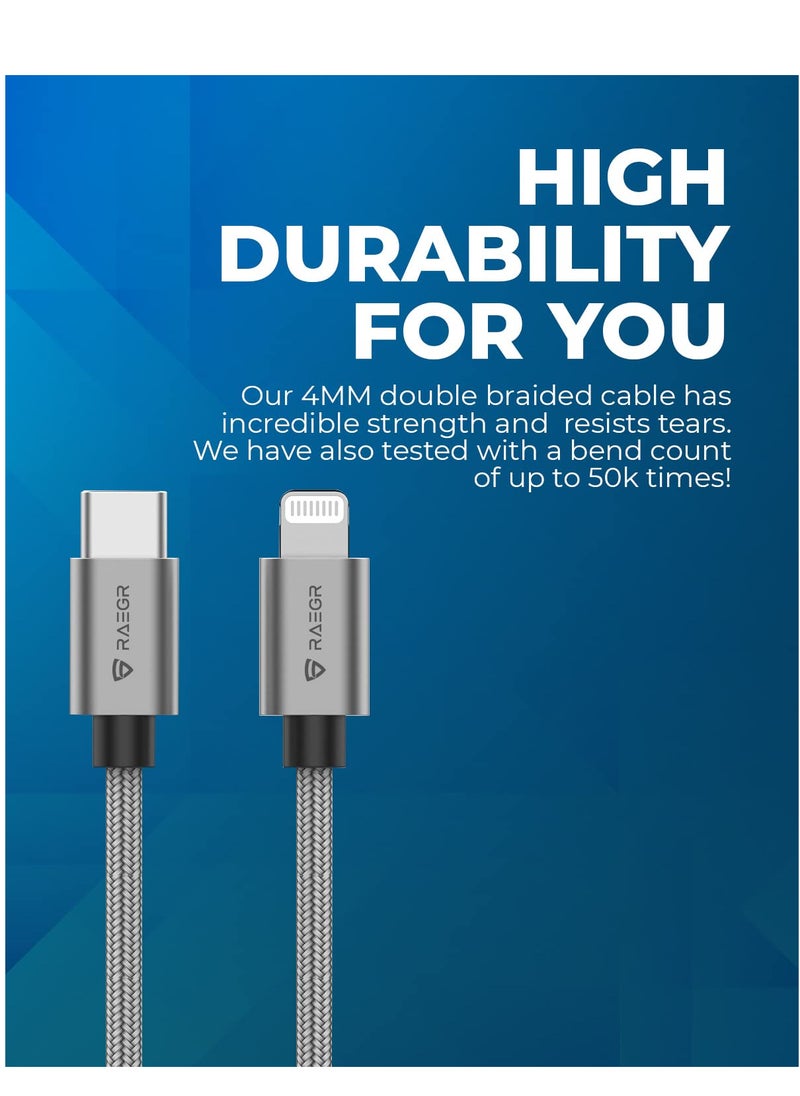 Raegr - RAEGR RapidLine 500LC USB-C to Lightning Cable, 6.5 ft (2 m), MFi-Certified, Fast Charging Cable for iPhone 16 Series / 15 Seies / 14 Series / 13 Series/SE 2022/11/XR, Braided Nylon-Metallic Grey - Image 1