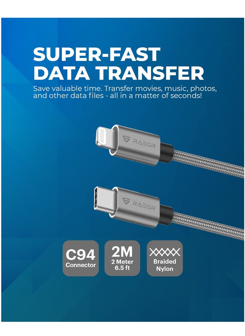 Raegr - RAEGR RapidLine 500LC USB-C to Lightning Cable, 6.5 ft (2 m), MFi-Certified, Fast Charging Cable for iPhone 16 Series / 15 Seies / 14 Series / 13 Series/SE 2022/11/XR, Braided Nylon-Metallic Grey - Image 1