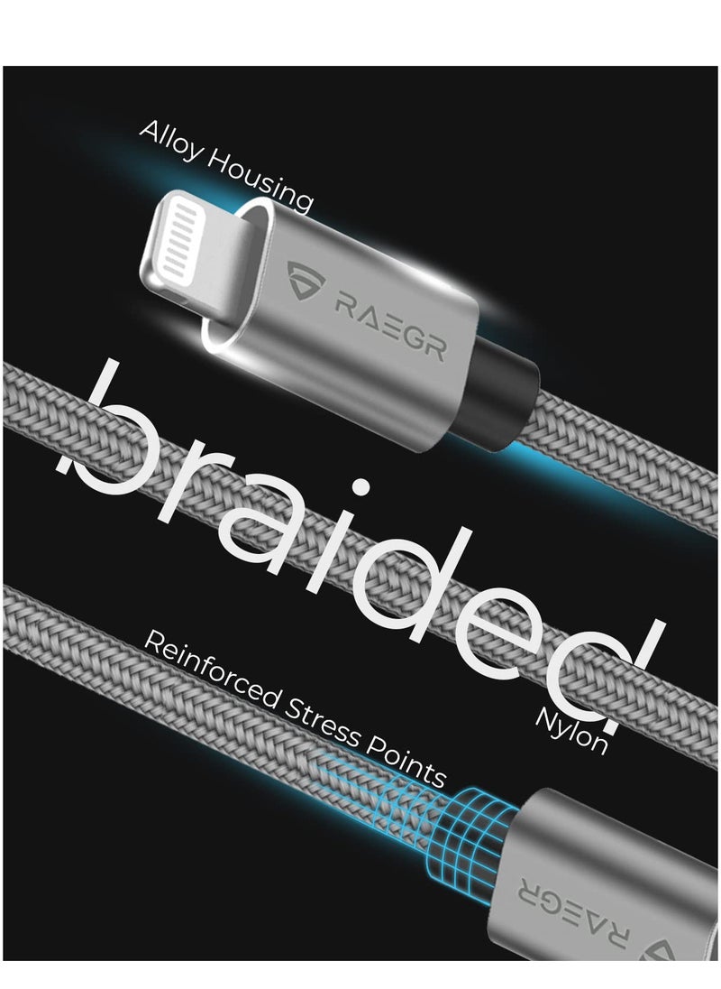 Raegr - RAEGR RapidLine 500LC USB-C to Lightning Cable, 6.5 ft (2 m), MFi-Certified, Fast Charging Cable for iPhone 16 Series / 15 Seies / 14 Series / 13 Series/SE 2022/11/XR, Braided Nylon-Metallic Grey - Image 1