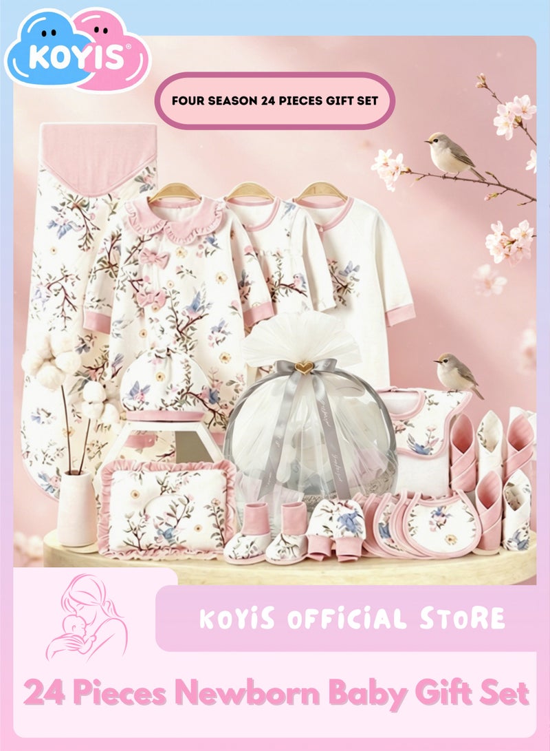 KOYIS 24 PCS Baby Layette Gift Set Basket - Newborn Gift Set, Baby Clothes Bodysuits Accessories Hat Bibs Pillow Blanket Toy, 100% Cotton, for four seasons Spring Summer Autumn Winter, 0-3 Months - Nature - Image 1
