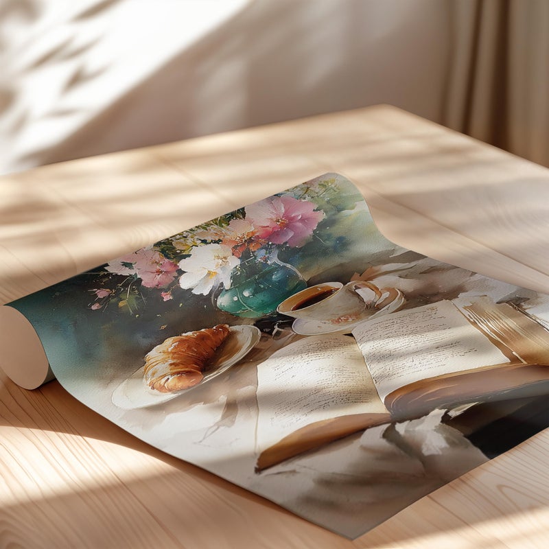 TNESSENTIAL Breakfast Table Pastel Watercolor Wall Art Poster or Canvas Print, Coffee Cup and Croissant by an Open Book, Cozy Floral Kitchen Wall Decor - Image 2