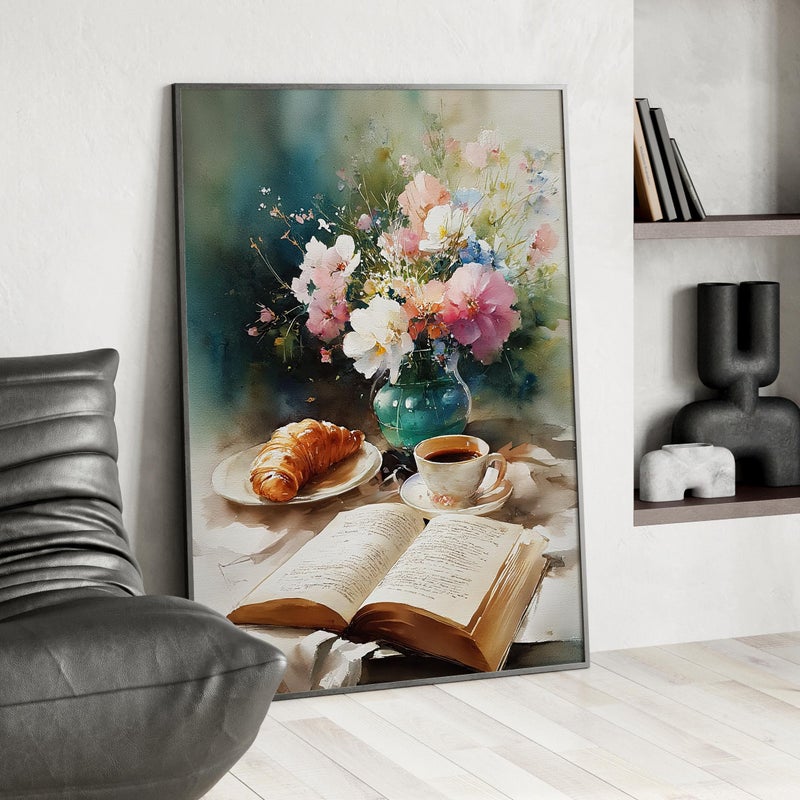 TNESSENTIAL Breakfast Table Pastel Watercolor Wall Art Poster or Canvas Print, Coffee Cup and Croissant by an Open Book, Cozy Floral Kitchen Wall Decor - Image 4