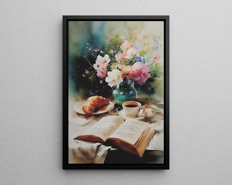 TNESSENTIAL Breakfast Table Pastel Watercolor Wall Art Poster or Canvas Print, Coffee Cup and Croissant by an Open Book, Cozy Floral Kitchen Wall Decor - Image 5