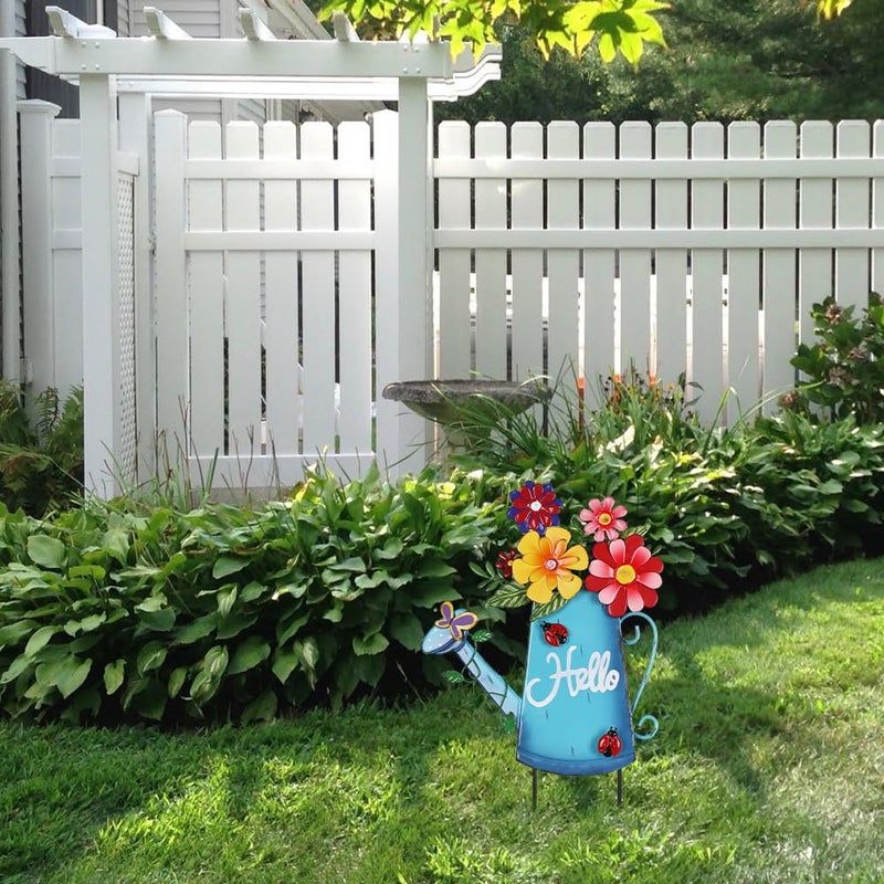 hogardeck Garden Decor for Outside, Metal Watering Can Decorative Garden Stakes with Flowers, Yard Art Welcome Spring Signs for Outdoor Lawn Backyard Porch Patio Garden Decorations - Image 4