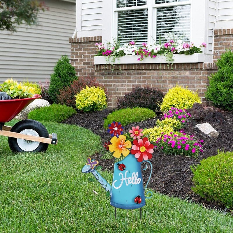 hogardeck Garden Decor for Outside, Metal Watering Can Decorative Garden Stakes with Flowers, Yard Art Welcome Spring Signs for Outdoor Lawn Backyard Porch Patio Garden Decorations - Image 5